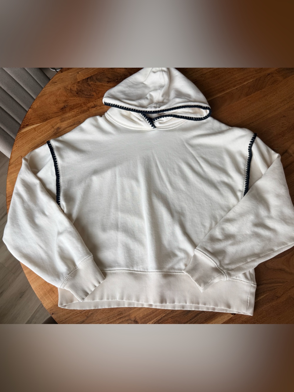 American Eagle Contrast Stitch Super Soft Fleece Cream Hoodie with Black Trim
